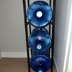 THREE 5 gallon waters AND storage rack