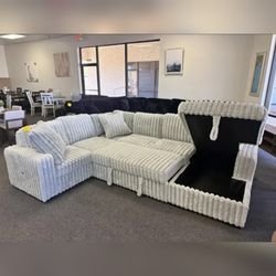 Mink Gray Jumbo corduroy Convertible Sectional Set
Sleeper  W/ Pull-Out Bed + RAF Chaise Storage + USB Port