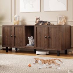 59 Inches Cat Litter Box Enclosure for 2 Cats, Walnut Modern Hidden Litter Furniture with Cat Scratch Pad, Large Indoor Pet House with Double Room, Wo