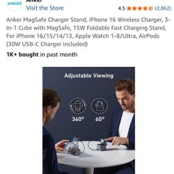 Anker MagSafe Charger Stand, iPhone 16 Wireless Charger, 3-in-1 Cube with MagSafe
