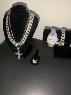 Iced Out Cuban Link Rhinestone Cross Necklace Set Watch Bracelet Ring