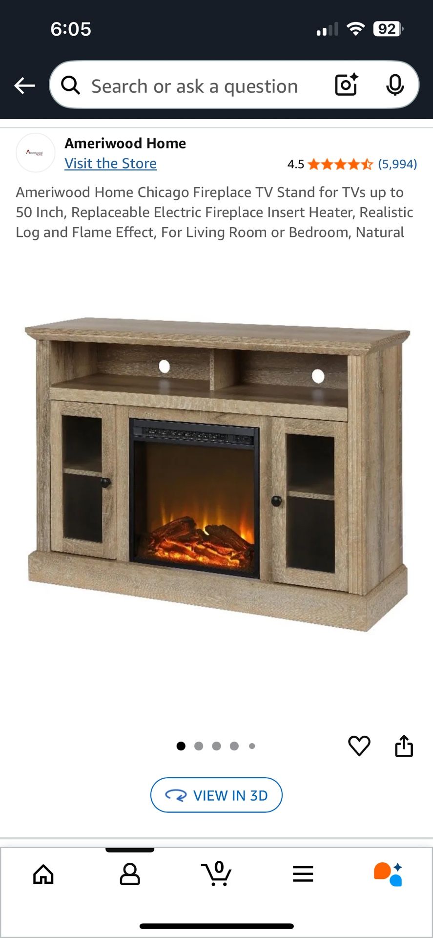 Ameriwood Home Chicago Fireplace TV Stand for TVs up to 50 Inch, Replaceable Electric Fireplace Insert Heater, Realistic Log and Flame Effect, For Liv
