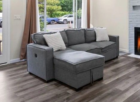 Grey Modular 3 Sleeper Couch, with Lounger, Storage, Cupholders, USB-C Charging + Bed Section