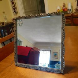 Elegant Art Nouveau Ornate Metal Picture Frame Folding Stand  & Hanging Vanity Mirror  With Crystals & Velvet Backing 8.75x8.75