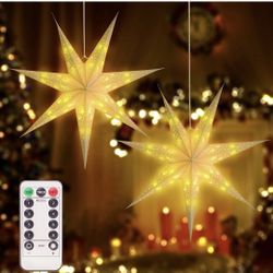 2 Pack 26.8 Inch Paper Star Lantern Christmas Decor with Timer, 3D 8 Modes 7-Pointed Star Diwali Hanging Paper Lights, Christmas Decorations Lamp Indo