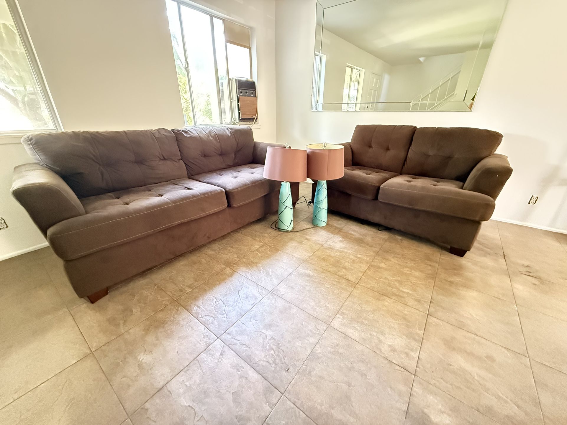 Brown Sofa and Loveseat with Lamps