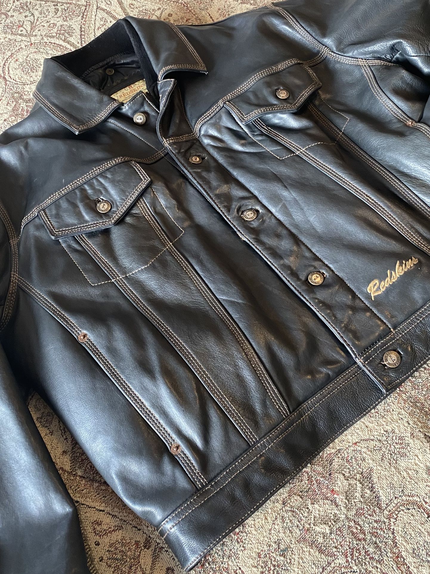 Redskins Brand Black Leather Trucker Jacket size XL