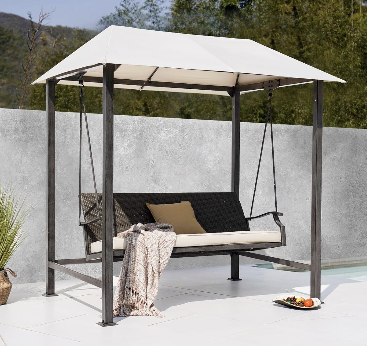 Grand Patio 3-Seat Patio Swing Chair, Outdoor Porch Swing with Canopy, Removable Cushion for Patio Garden Poolside, Beige