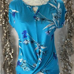 APT.9 Women’s Small Blue Floral Twist Front Blouse Top Short Sleeve Keyhole Tee