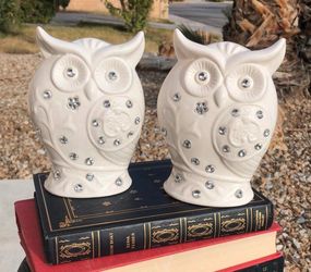 White Ceramic Owl Figurines with Rhinestones – Set of 2