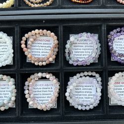 Healing Crystal Bracelets: Moonstone, Fluorite, Amethyst, Rose Quartz, Morganite, Flower Agate, Lavender Quartz 