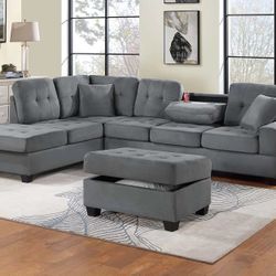 Brand New Grey Sectional Sofa w Storage Ottoman 
