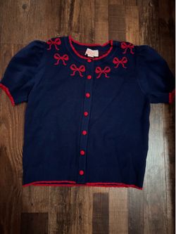 Blue sweater top red bow size S