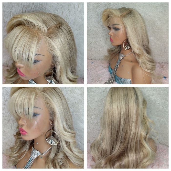 20 In Lace Front Wig With Large 13x6 Ombre Platinum Blonde With Bangs