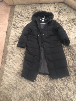 Like New Black Long Puffer Coat with Faux Fur Hood, Size L, 14-16