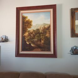 Large canvas painting signed very old and heavy  perfect wood frame