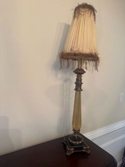 Tall Ornate Table Lamp with Fringe Shade