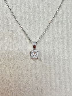 14k White Gold Princess Cut Diamond Pendant On 18" Chain Necklace