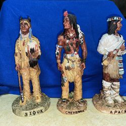 Set Of 3 7” Apache Sioux & Cheyenne Indian Figurines Imported From Greece  