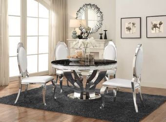 5 Piece Contemporary Chrome Glam Dining Room Set with Marble Top (NO CREDIT NEEDED)