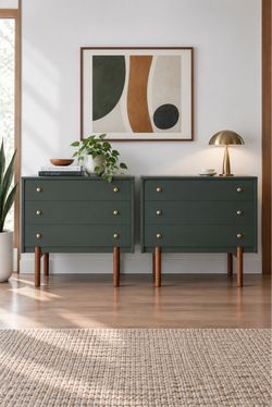 Set of wide deep green MCM nightstands