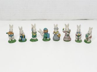 8 Vintage Mini Ceramic Anthropomorphic Easter Rabbit Figurines