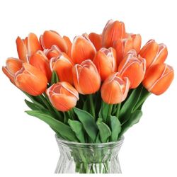  24PCS Orange Tulips Artificial Flowers Fake Tulips Orange Flowers Real Touch for Home Table Decoration Wedding Bouquet Party Baby Shower Centerp