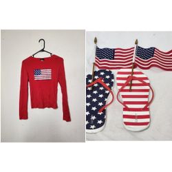 USA Patriotic Bundle. Has shirt (Medium), flip-flops(9), and 2 handheld USA Flags