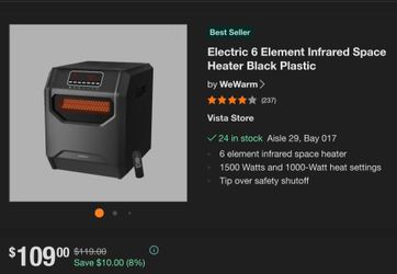 Electric 6 Element Infrared Space Heater Black Plastic