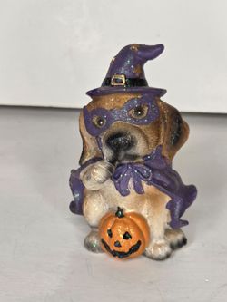 Halloween Puppy Figurine Dog in Witch Costume with Pumpkin Glitter Decor