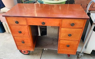 Vintage Wooden Pedestal Desk with Drawers