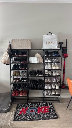 Large 10-Tier Shoe Rack Organizer w/ Side Hooks – Holds 30–40 Pairs