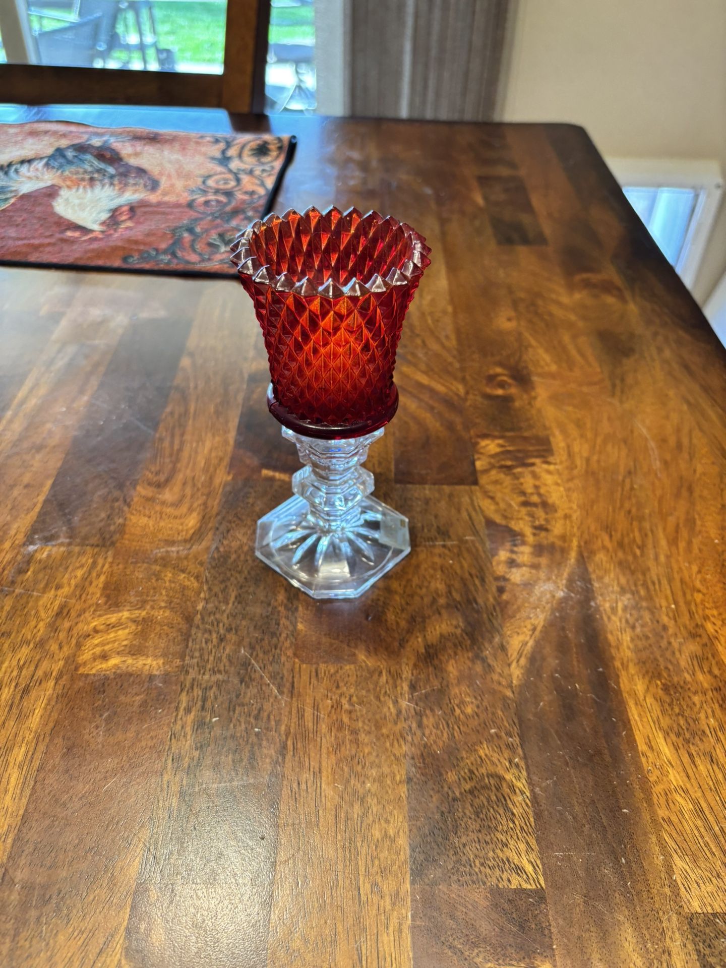 Vintage Candle Holder Red Diamond Point Glass