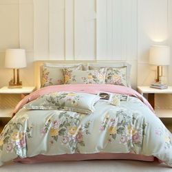 New Light Green Cotton Duvet Cover Queen Floral Flower Garden, Bedding  Set 3 Pcs Comforter Cover 2 Pillowcases Zipper Soft Breathable Comfy