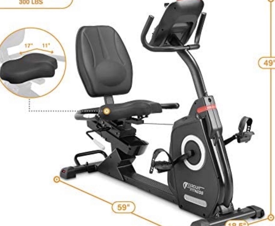 New in box, CIRCUIT FITNESS Circuit Fitness Magnetic Recumbent Exercise Bike with 15 Programs, 300-l