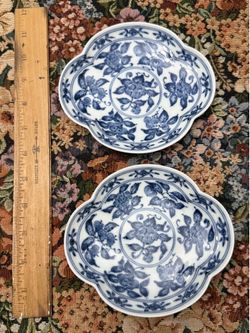 Pair of Antique Japanese Arita Imari Blue & White Porcelain Lobed Dishes, 19th Century, Meiji Period"
