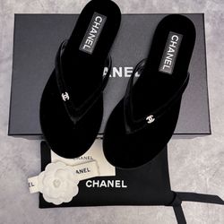 Chanel Thongs Velvet Sandals Flat Black US8 EU38