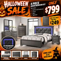4-Piece Queen Bedroom Set with LED Headboard