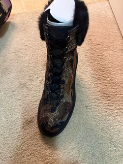 Embellished Lace-Up Boot with Fur Collar