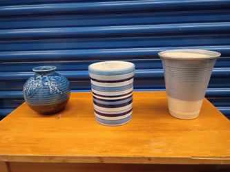 3 Blue And White Ceramic Pots