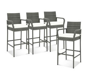 All Weather PE Rattan Bar Chairs Set of 4 with Armrests and Seat Cushions for Porch Backyard