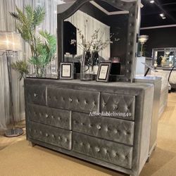 Grey Velvet Dresser W/ Crystal Acrylic Knobs Brand New In Box 