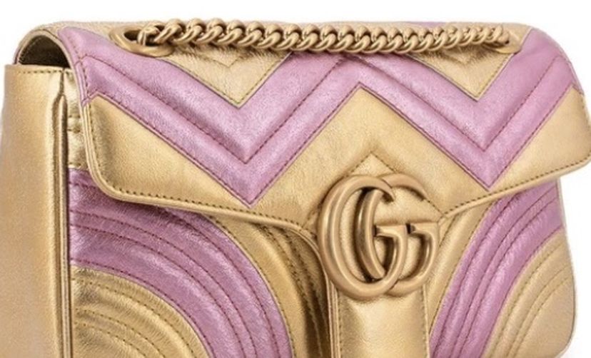 Gucci Chevron Quilted Leather Marmont Flap Messenger Bag Pink Gold