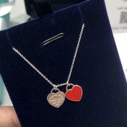 Tiffany & Co. Mini Double Red Heart Enamel Pendant Necklace Return to Silver 925