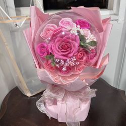 Pink Rose Bouquet in Balloon Wrap
