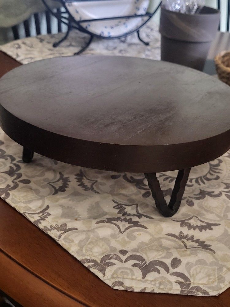 Espresso Brown Wood Display Cake Stand Riser About 10 Inch  Black Metal Legs 