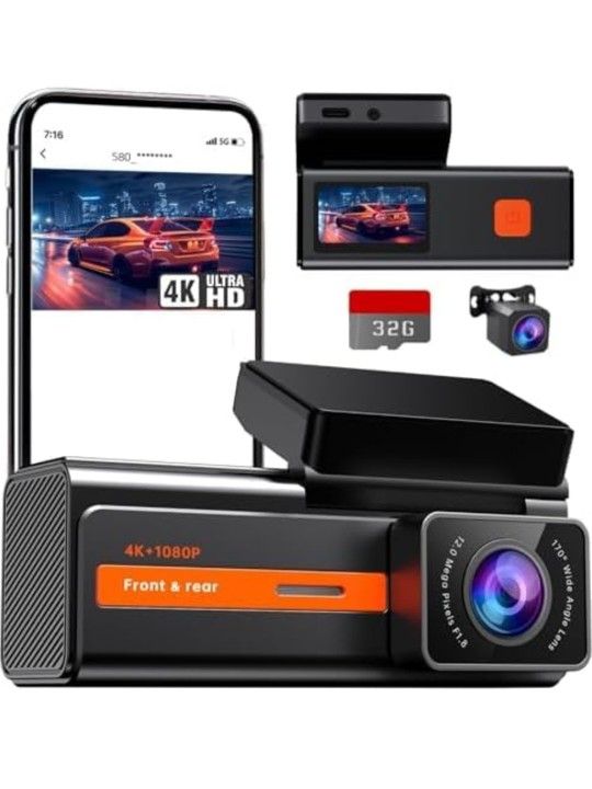 Dash Cam Front and Rear, 4k+1080P Dual Dash Camera for Cars, 1.5” WiFi Mini Dashcam with App, 170°Wide Angle Car Camera, Night Vision