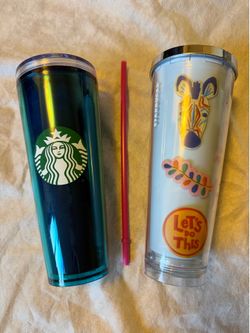 Set of (2) 24-oz Venti Starbucks Collectible Tumblers  Includes:  (1) Green Tumbler with Siren / Mermaid Logo and Sequined Lid (1) “Patches” Messages 