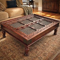 Vintage Temple Door Style Wood & Metal Coffee Table