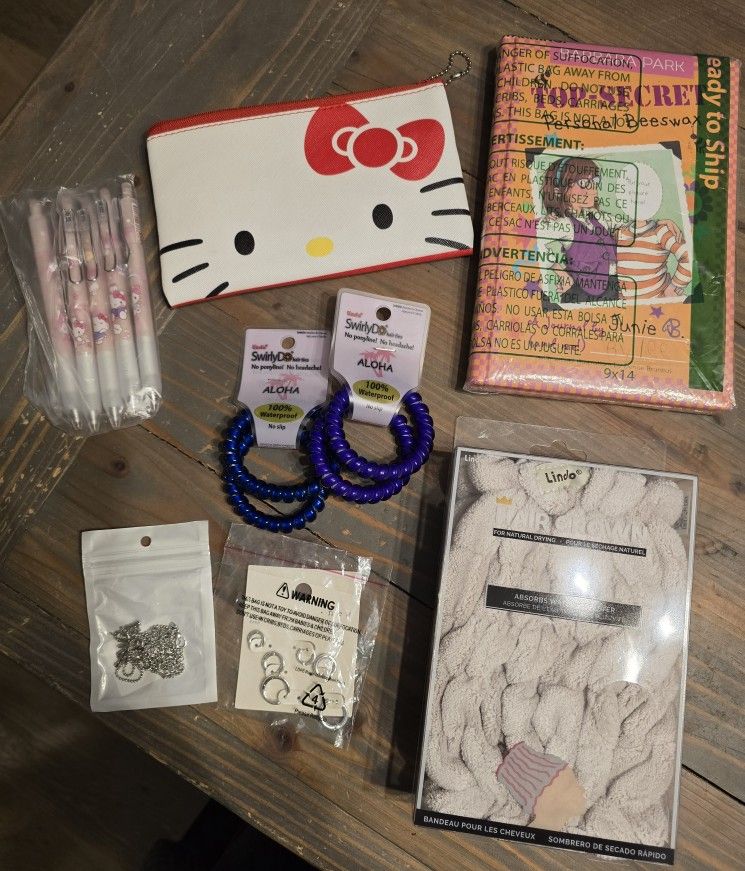 Girls Gift Bundle - Hair Crown, Hello Kitty Pouch With Pens, Jewelry, Swirly Do, Top-Secret Book
